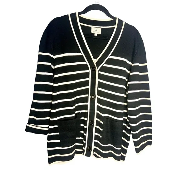Tuckernuck Lauren Cardigan Size Small Black White Striped V Neck Sweater - Picture 3 of 7